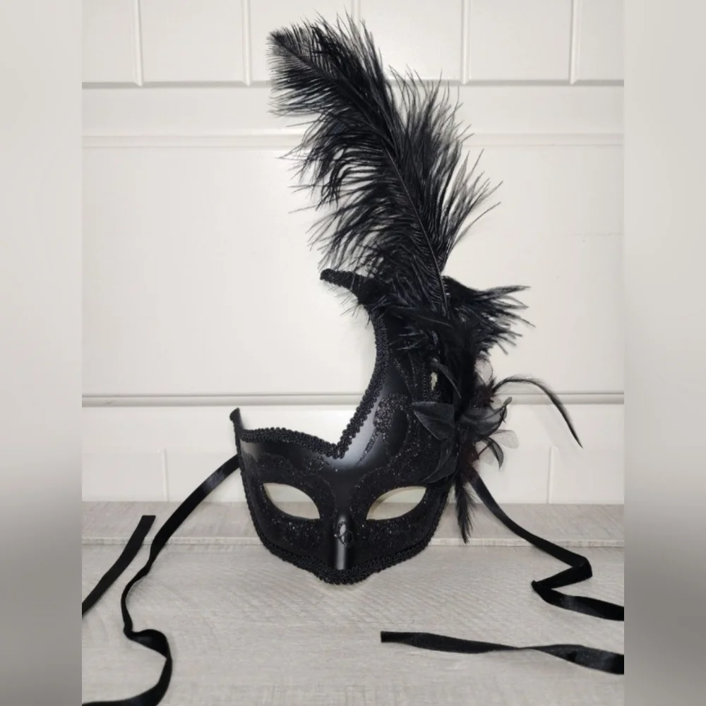 Black Glitter Masquerade Mask with Feathers Venetian Style Carnival/Mardi Gras